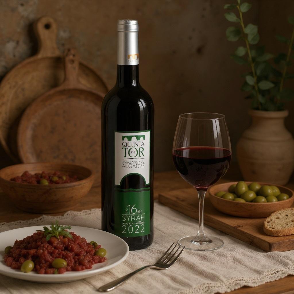 Rode wiijn uit de Algarve van Quinta da Tôr van de Syrah met tartaar