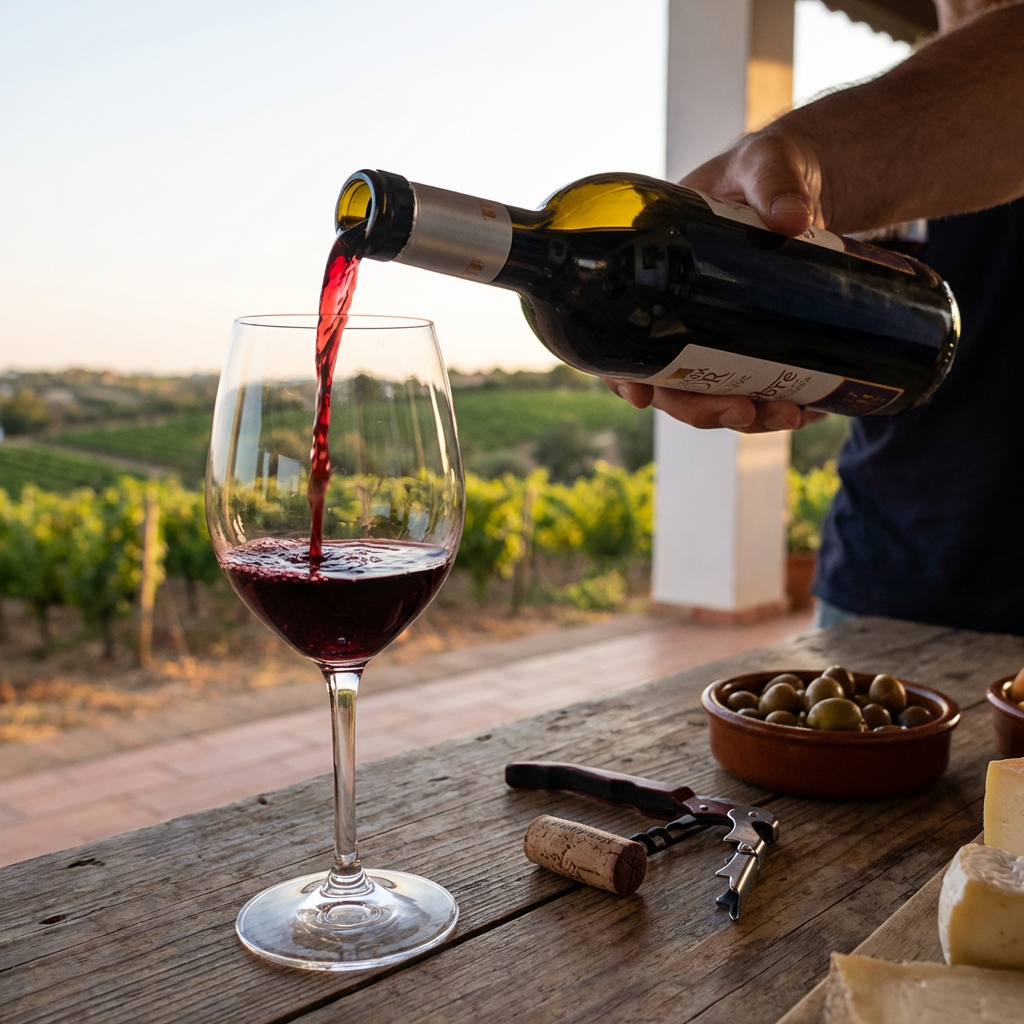 Rode wijn uit de Algarve ingeschonken aan tafel met verse olijven 