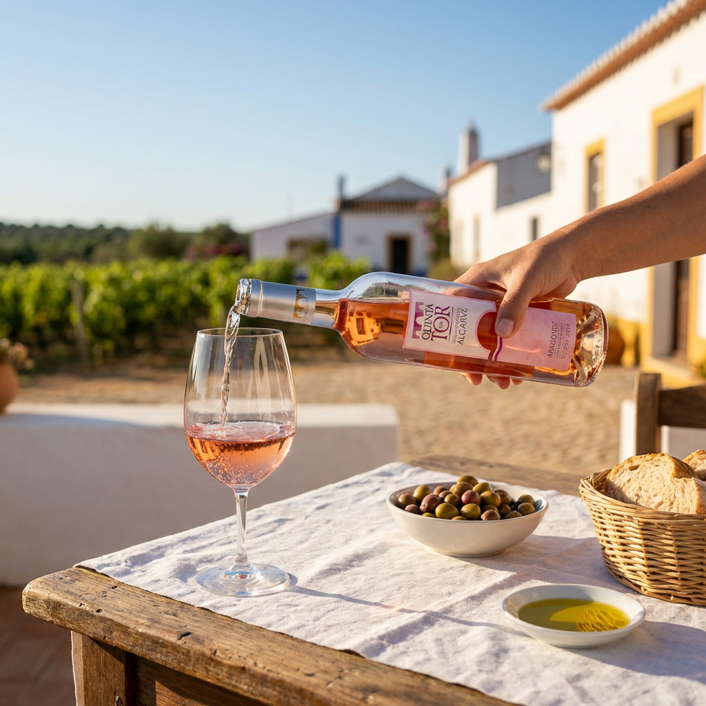 Fruitige rose wijn van Quinta da Tôr uit de Algarve met verse olijven en olijfolie met brood en zout